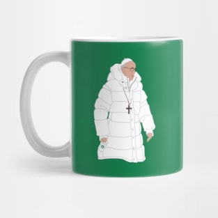 The Pope in Puffy White Jacket with Coffee Mug